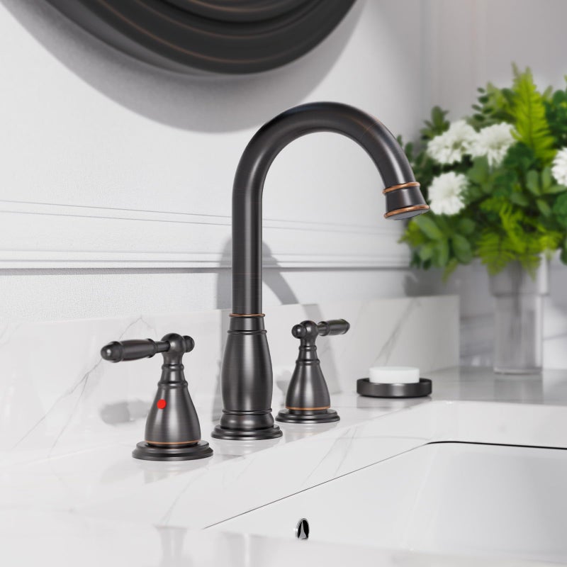 Phiestina 2-Handle 8 Inch 3 Hole Oil Rubbed Bronze Widespread Bathroom Faucets, with Valve and Metal Pop-Up Drain, WF017-4-ORB - Image 3